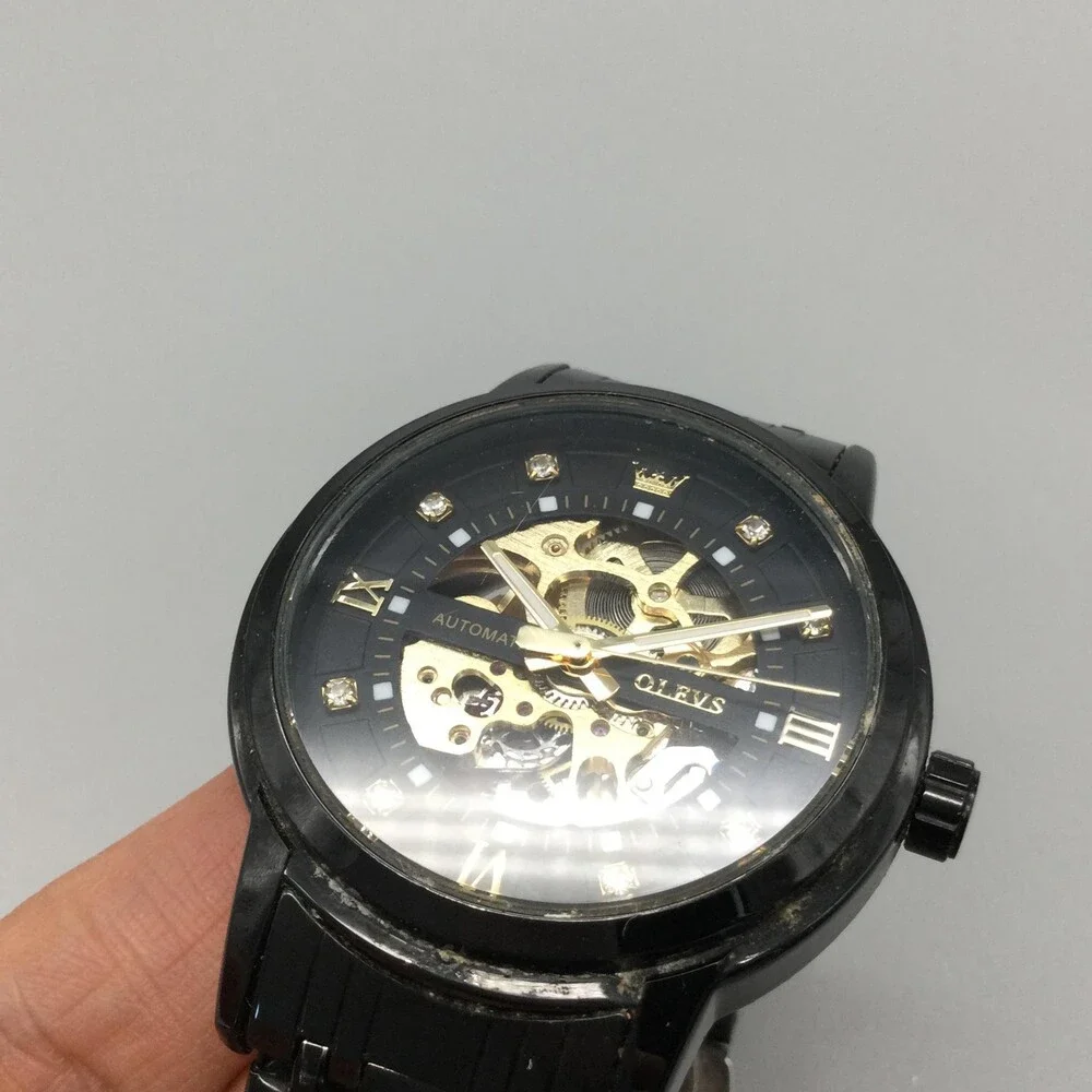 OLEVS G9901 Mens Watch 41mm Black Gold Tone Skeleton Stainless Automatic 7.25